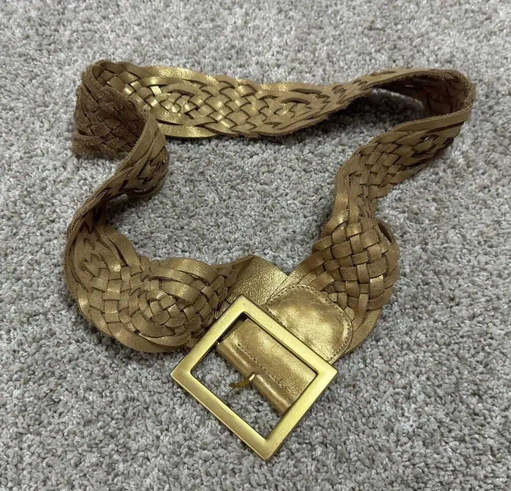 Caché Made in USA Braided Soft Leather Wide Statement Metallic Gold Belt Sz S